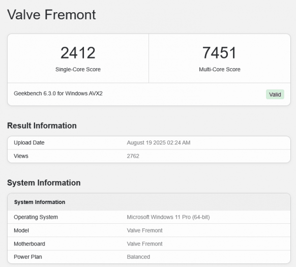 Zařízení Valve Fremont v databázi Geekbench