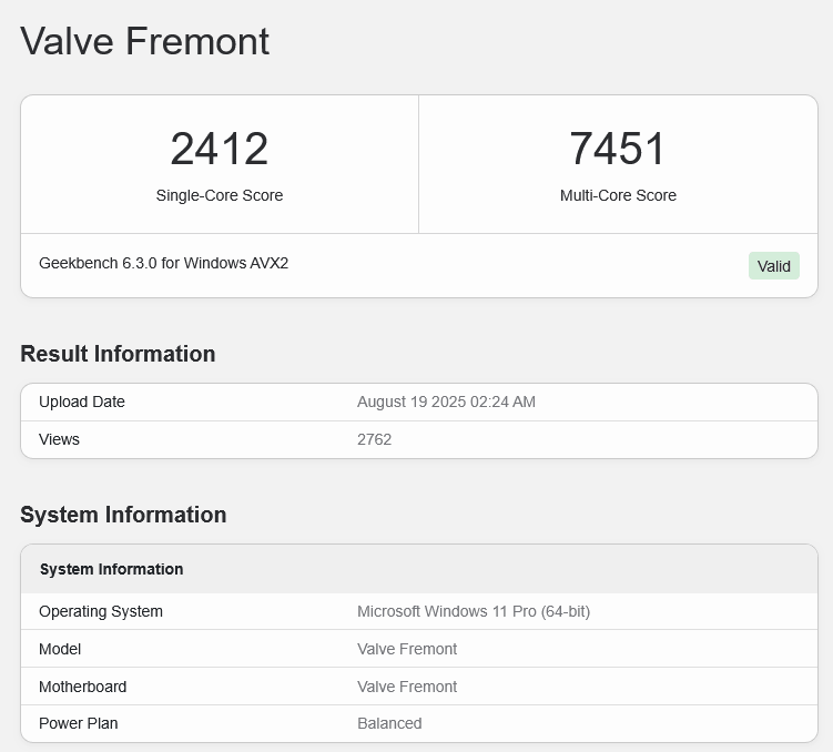 Zařízení Valve Fremont v databázi Geekbench