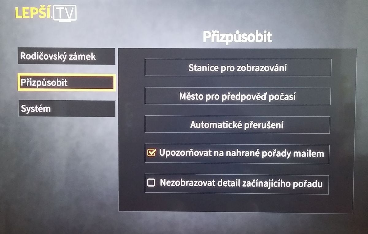 Lepší.TV - hlavní menu na televizoru