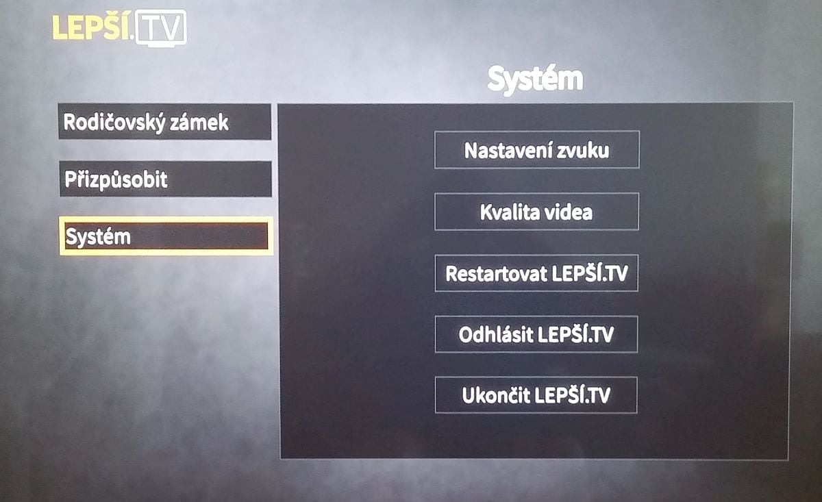 Lepší.TV - hlavní menu na televizoru