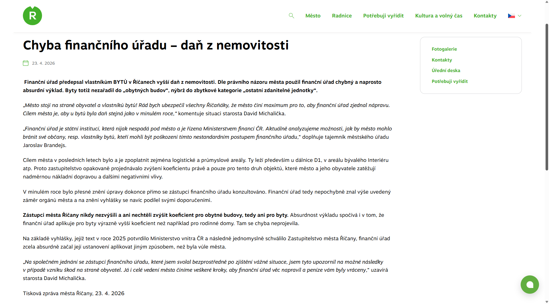 Screenshot tiskové zprávy