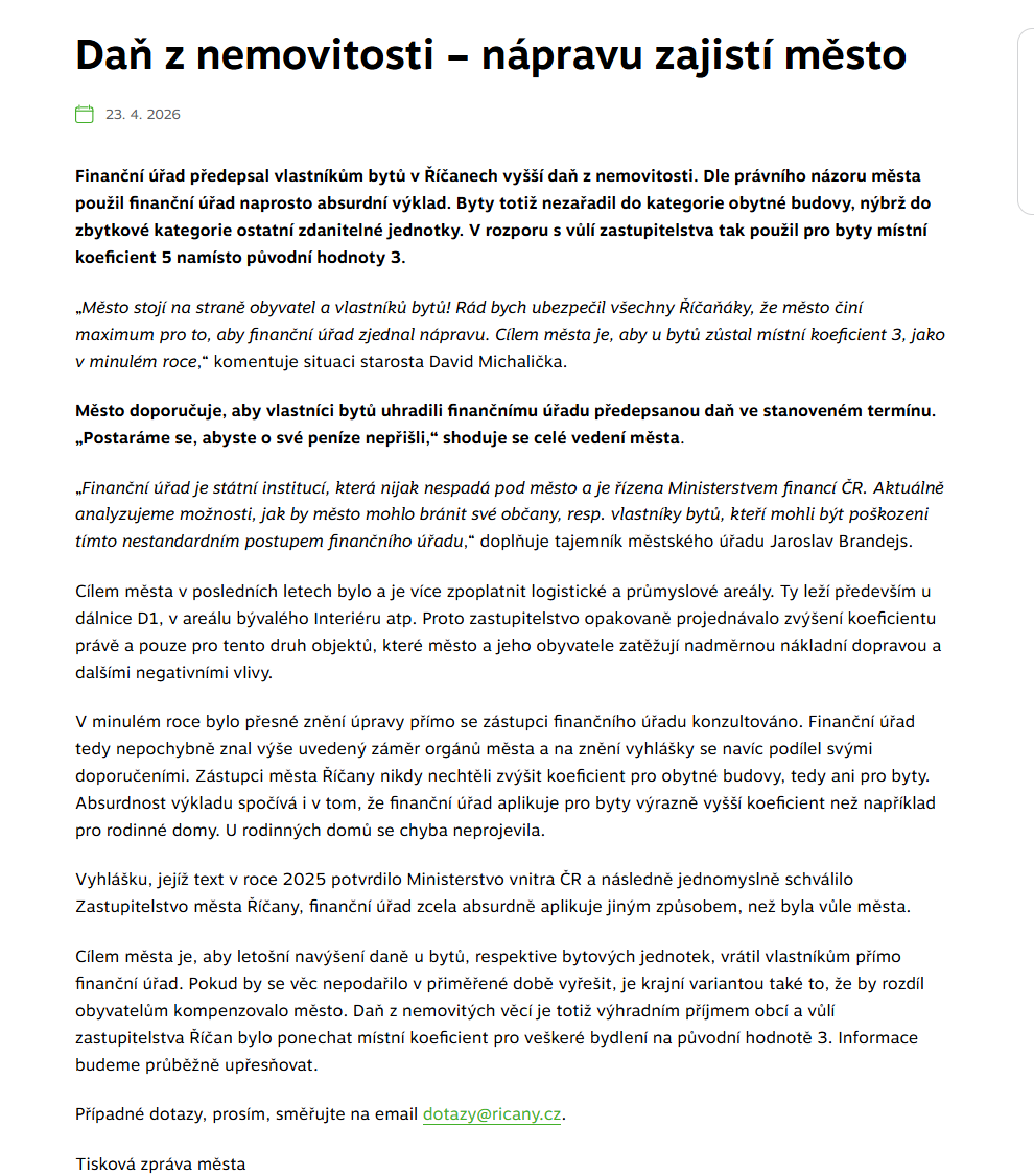 Screenshot tiskové zprávy