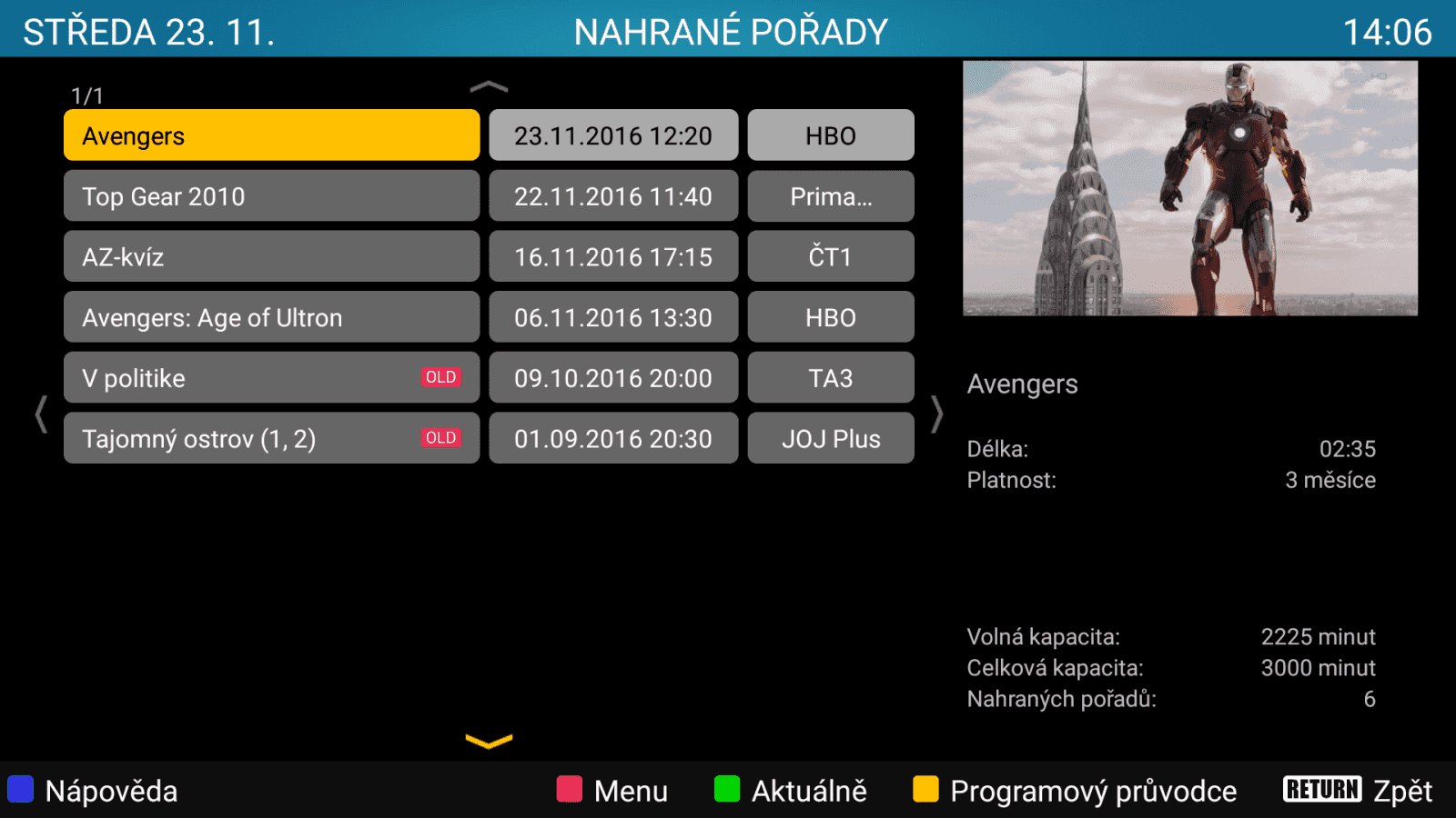 Set-top box Sledovani TV - uživatelské prostředí