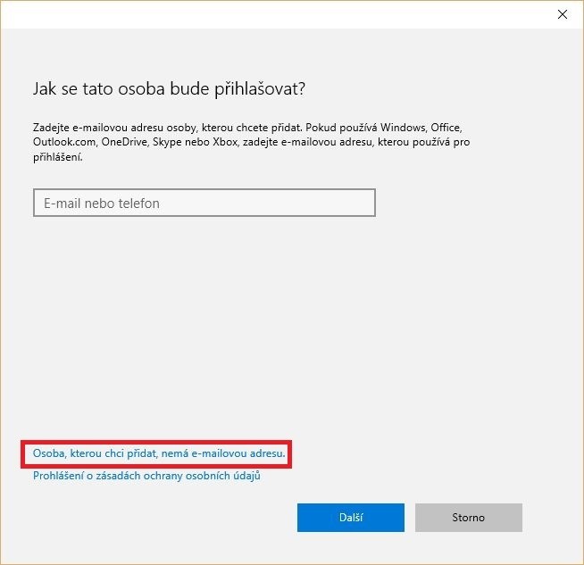 Druh přihlašování při vytváření uživatelského účtu ve Windows 10