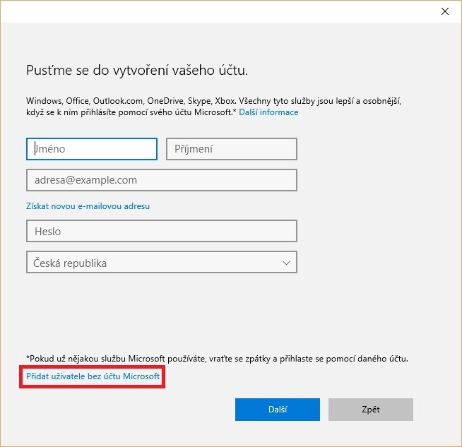 Přidání uživatele bez účtu Microsoft ve Windows 10