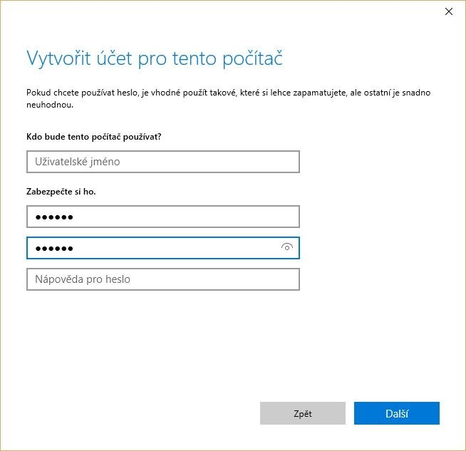 Zadání přihlašovacích údajů pro uživatelský účet ve Windows 10
