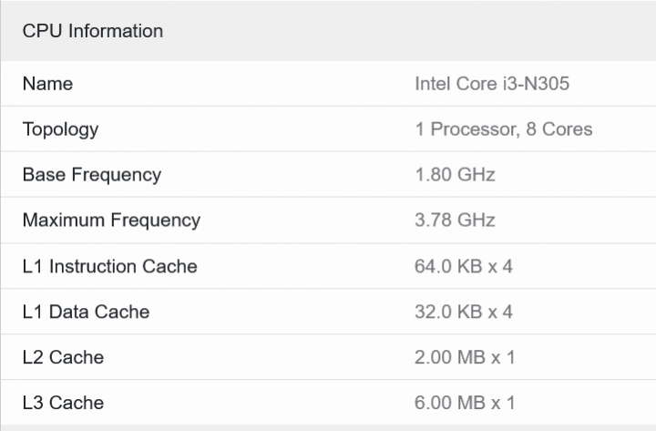 Procesor Intel Core i3 N305 v databázi Geekbench