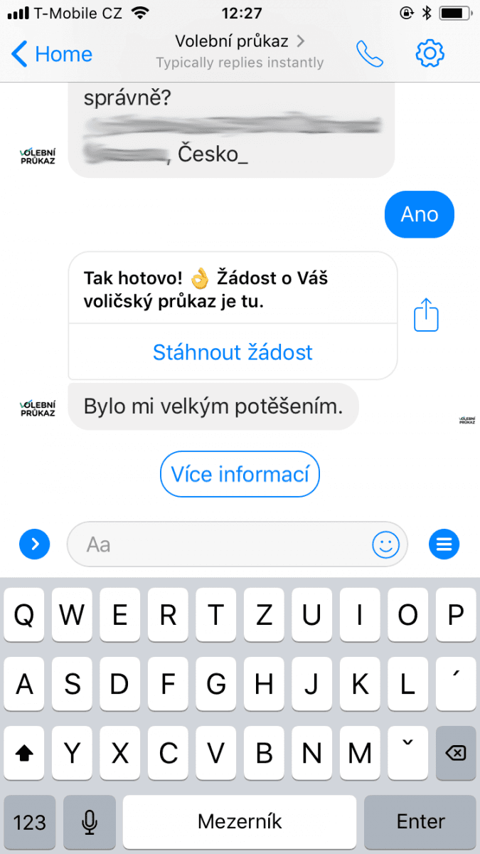 Chatbot pro volební průkaz k prezidentským volbám