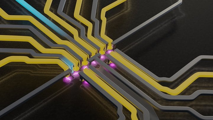 Autor: HRL Laboratories Vyobrazení systému šesti kvantových teček tvořící dva qubity a řídící systém
