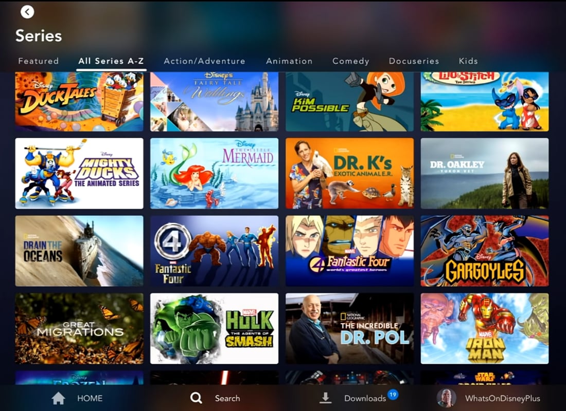 Katalog Disney+ na tabletu