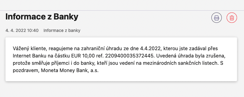 MONETA Money Bank. Storno platby do Ruska.