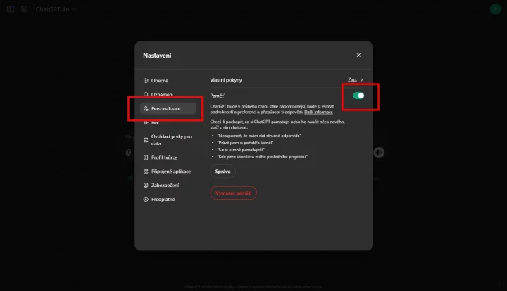 Jak deaktivovat funkci Paměť v ChatGPT