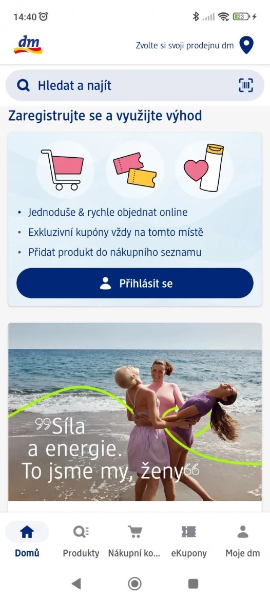 Aplkace Moje dm - úvodní stránka