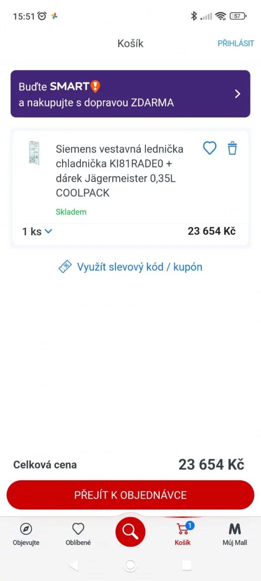Aplikace Mall.cz - nákupní košík