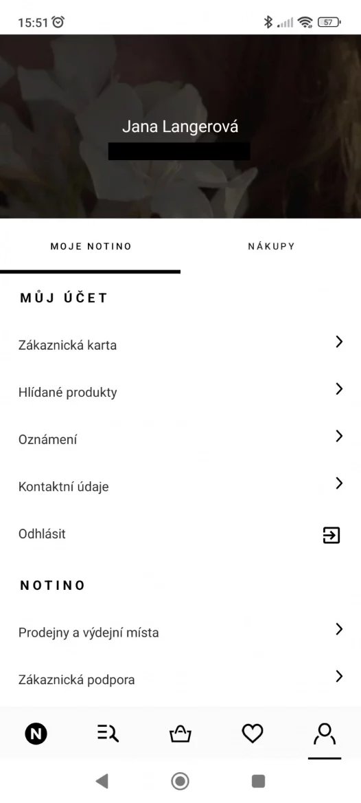 Aplikace Notino - Můj účet