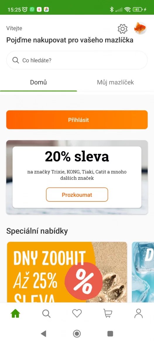 Aplikace Zoohit - úvodní obrazovka