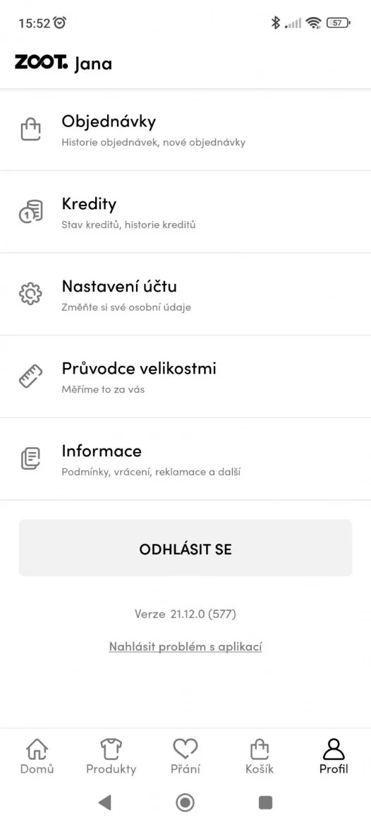 Aplikace ZOOT po přihlášení - Profil