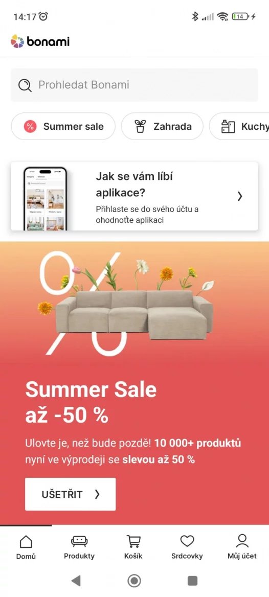 Aplikace Bonami - úvodní obrazovka