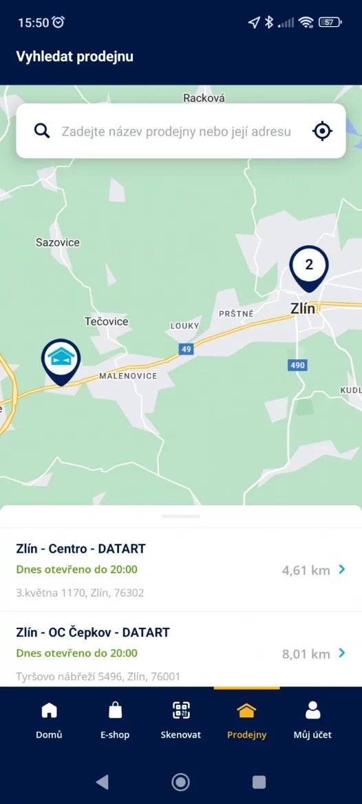 Aplikace Datart - vyhledání prodejny
