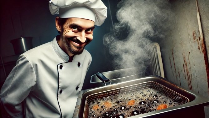 5.3.25 /1x/ Kuchař, přepálený olej, smažení, odpor, nechutný