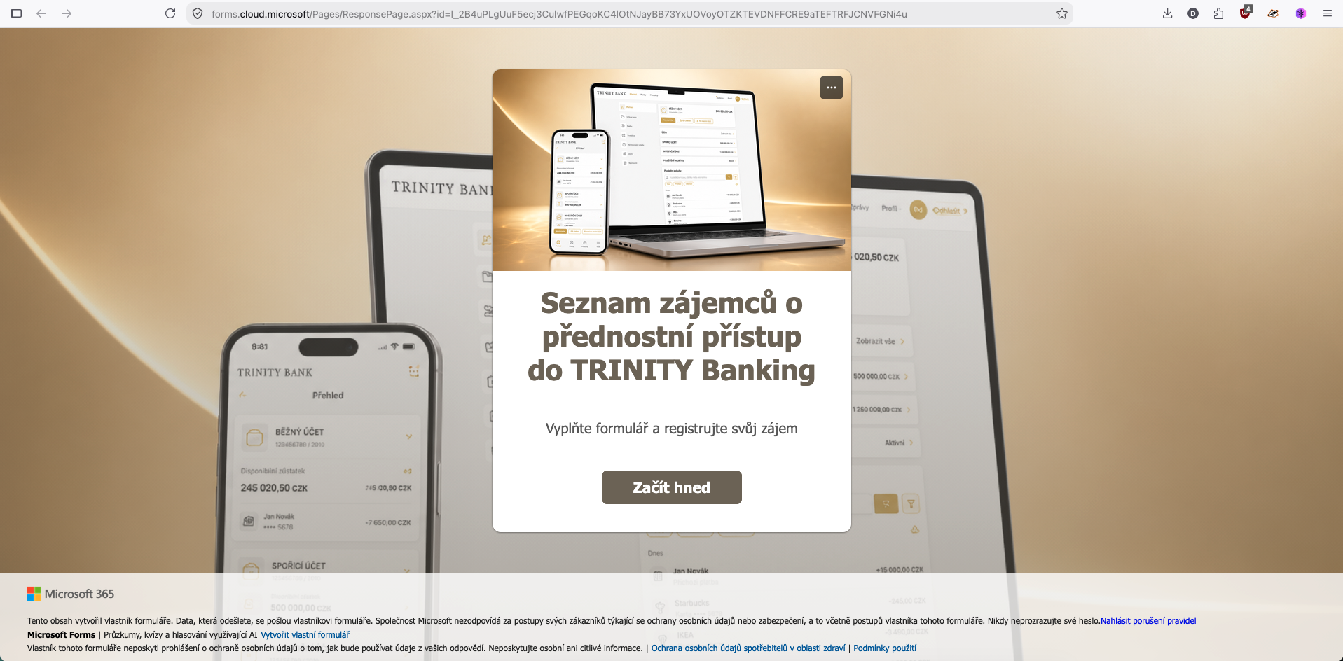Čekací listina a formulář TRINITY BANK pro zařazení do nového internetového bankovnictví. (08/2026)