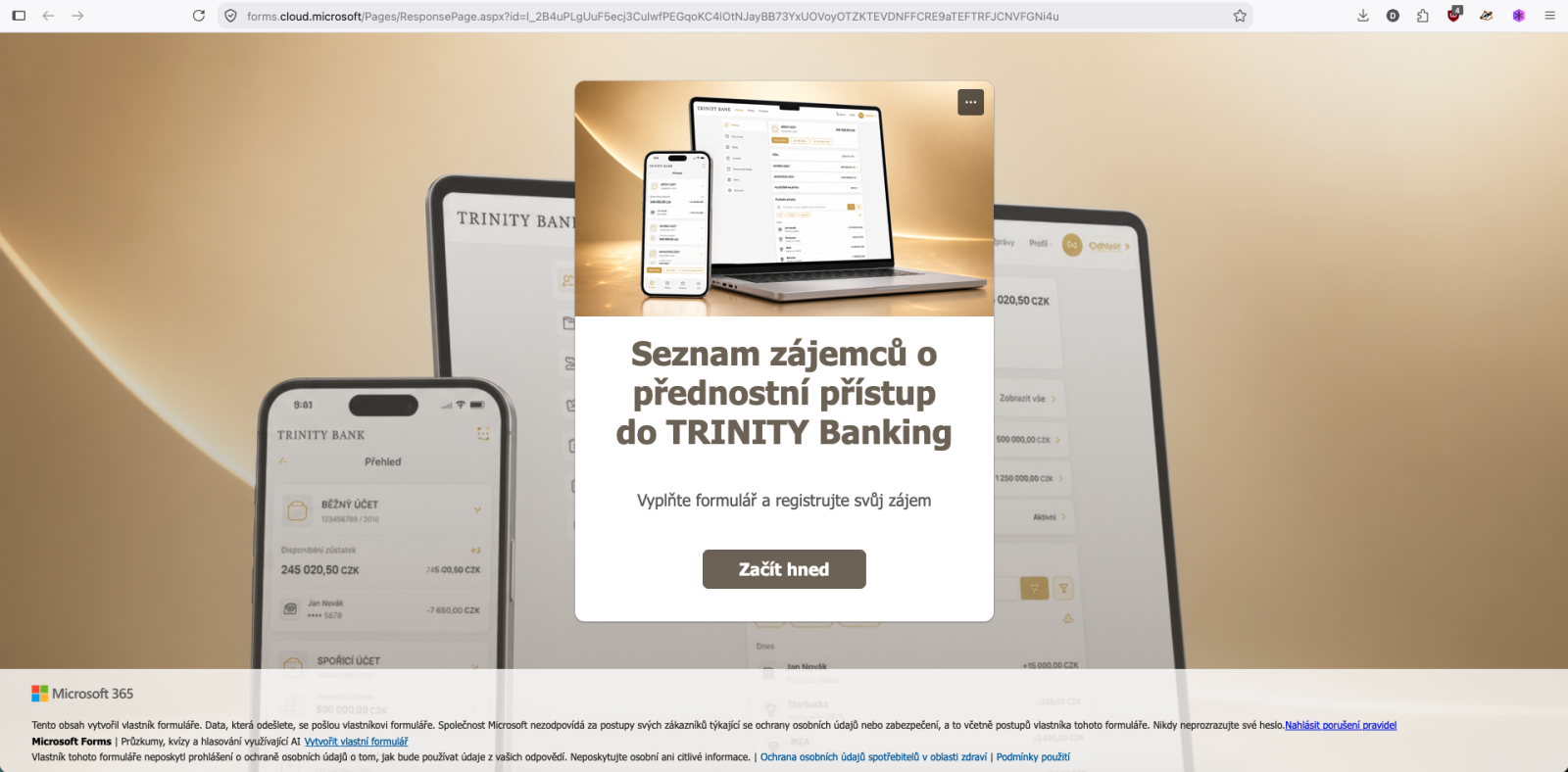 Čekací listina a formulář TRINITY BANK pro zařazení do nového internetového bankovnictví. (08/2026)