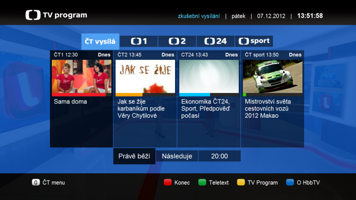 Úvodní obrazovka TV programu, nové aplikace dostupné v rámci HbbTV