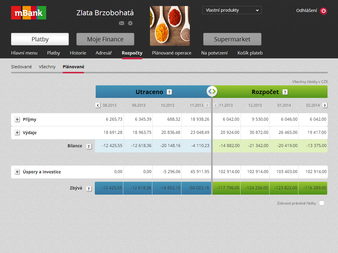 Přehledná tabulka porovnávající plánované a reálné výdaje. Umožňuje stanovit rozpočet až na rok dopředu.
