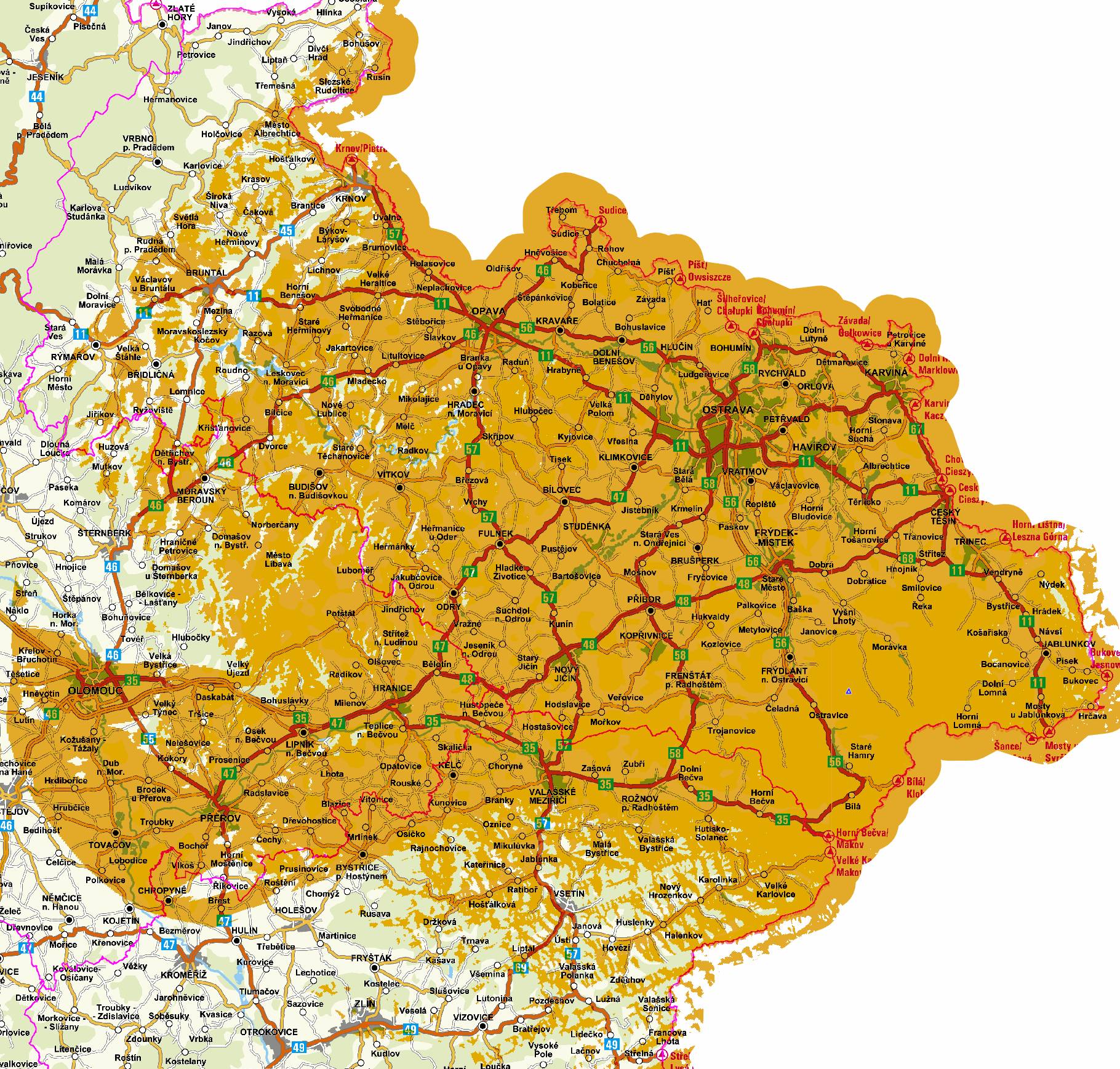 Orientační pokrytí signálem z vysílače Lysá hora