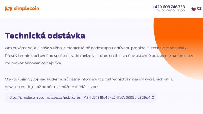 SimpleCoin už druhým týdnem nesměňuje kryptoměny, opětovné spuštění služby odsouvá