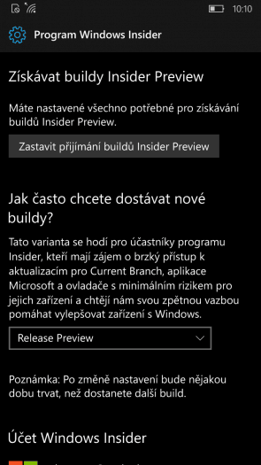 Musíte se přepnout na kanál Release Peview