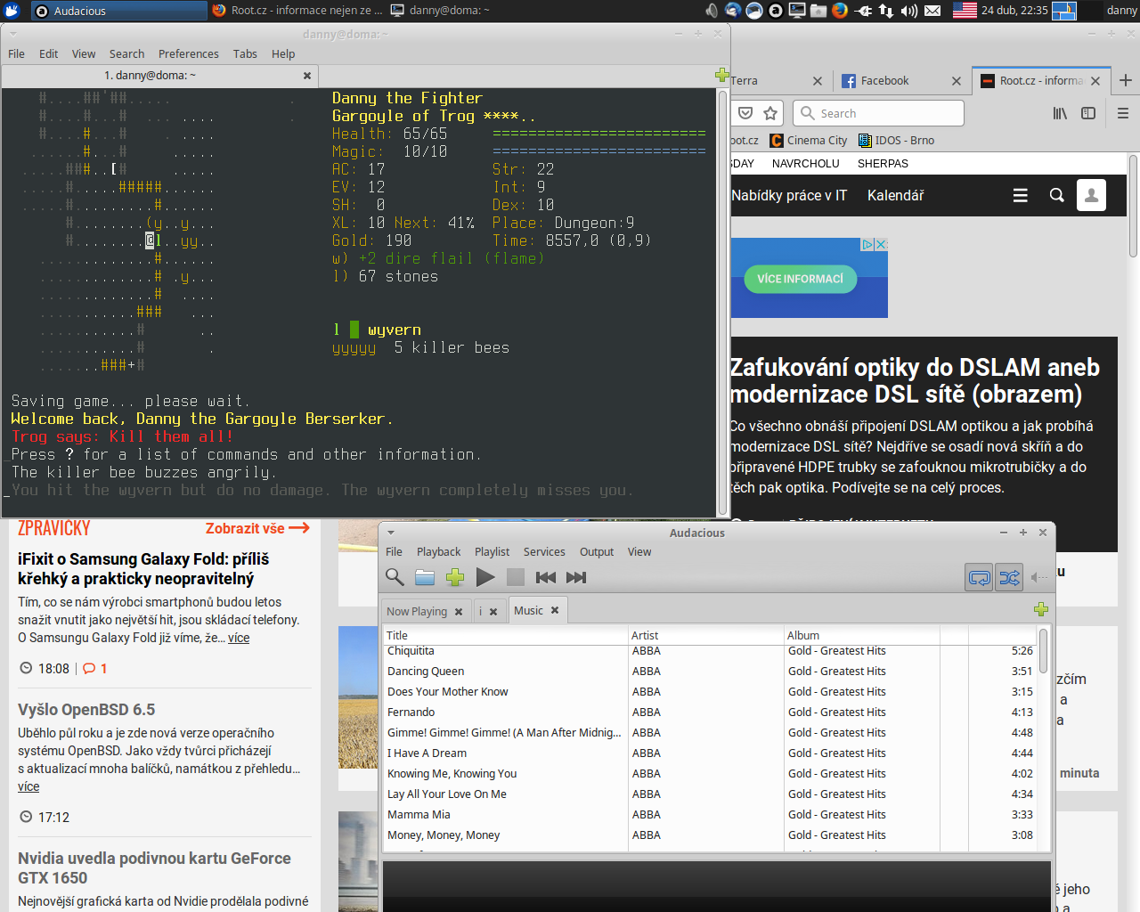 Xubuntu, roxterm, terminálový font Terminus, Dungeon Crawl Stone Soup, Firefox, Audacious