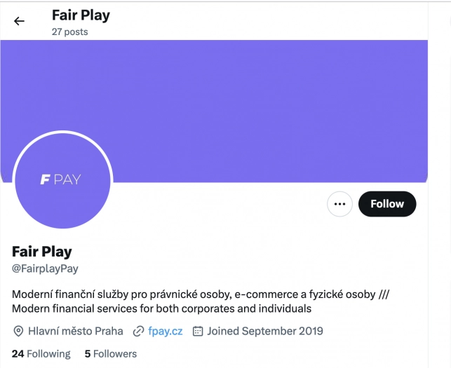 Původní profil FairPlay Pay na síti X. (02/2024)