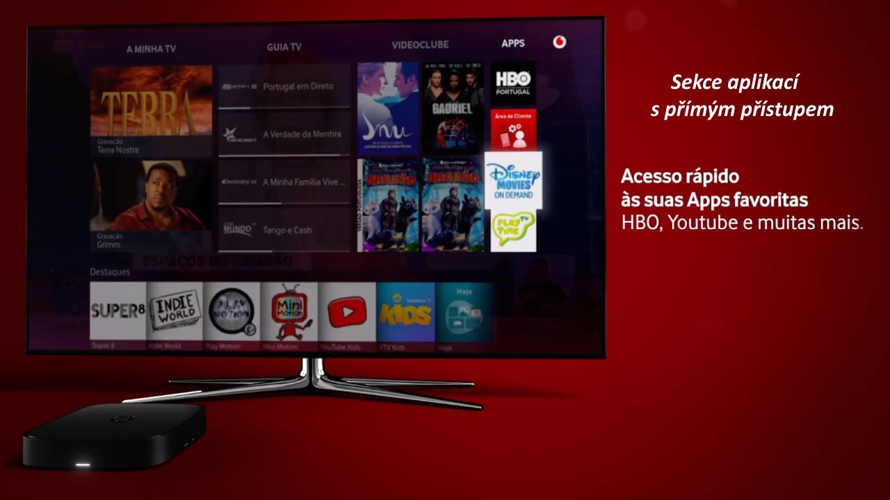Aplikace ve Vodafone TV, například HBO nebo YouTube