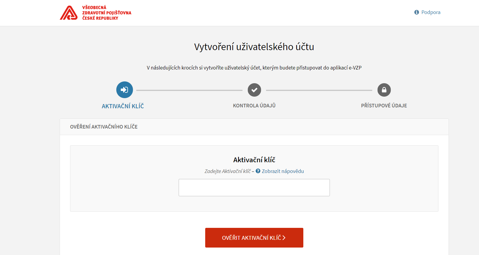 VZP - zadání aktivačního klíče