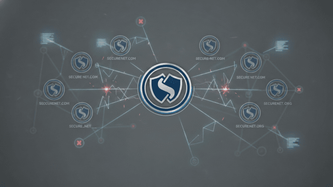 Ilustrace digitálního squattingu: Legitimní logo značky (modrý štít) je obklopeno několika zkreslenými a zlověstně vypadajícími falešnými verzemi doménových jmen, symbolizujícími online podvod a krádež digitální identity. V pozadí síťová struktura s náznaky narušení bezpečnosti.