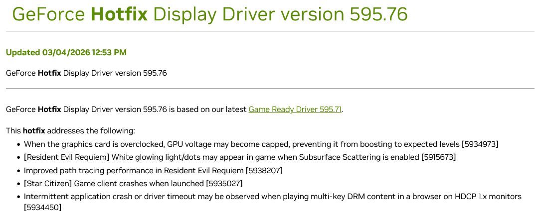 GeForce Hotfix Display Driver version 595.76: Poznámky k vydání