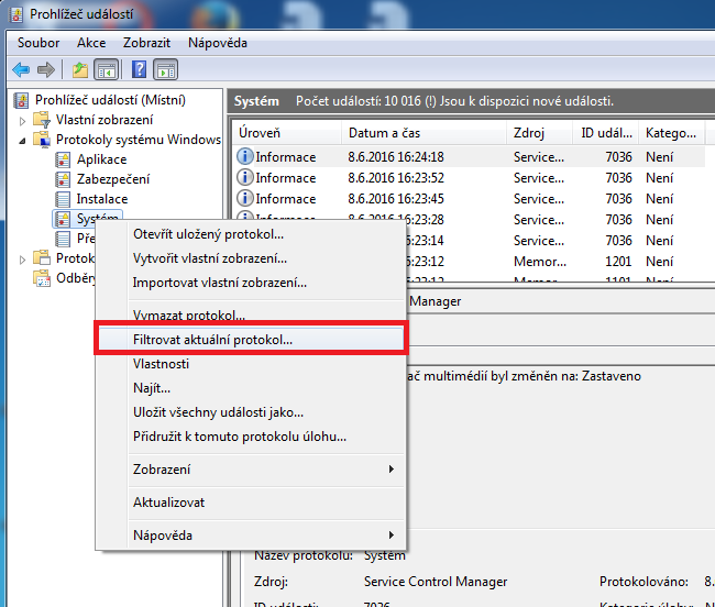 Filtrování protokolu v Prohlížeči událostí