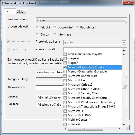 Filtrování aktuálního protokolu - pro diagnostiku operační paměti