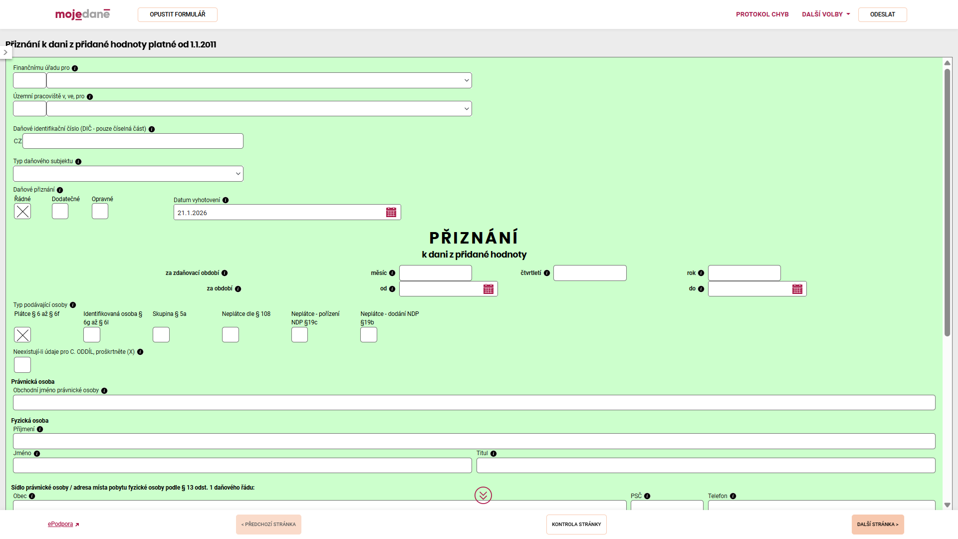 Ukázka formuláře daňového přiznání k DPH na portálu Moje daně