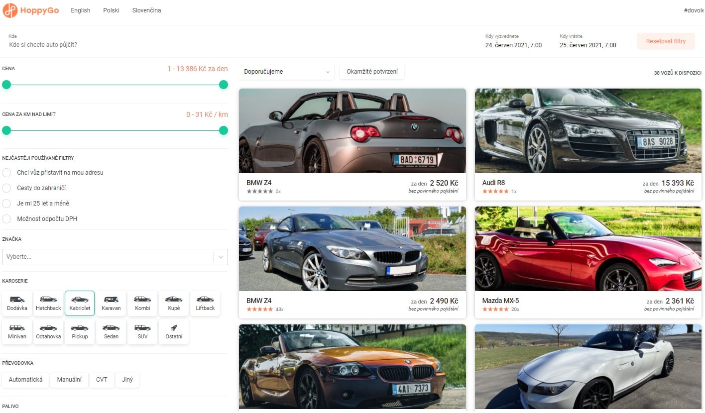 Na HoppyGo najdete i sporťáky nebo kabriolety.