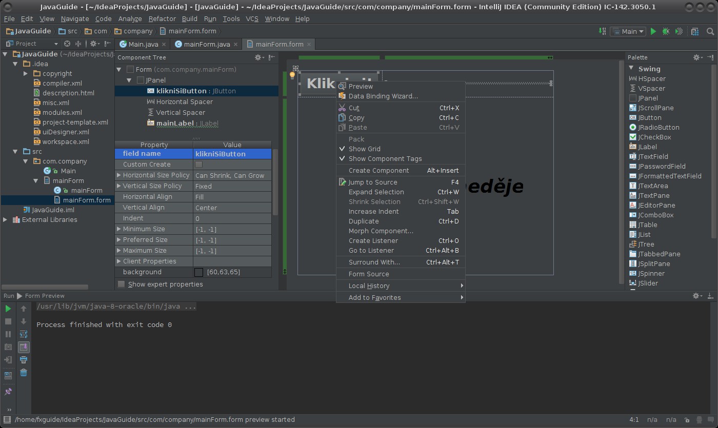 Widgety a signály aplikace Java