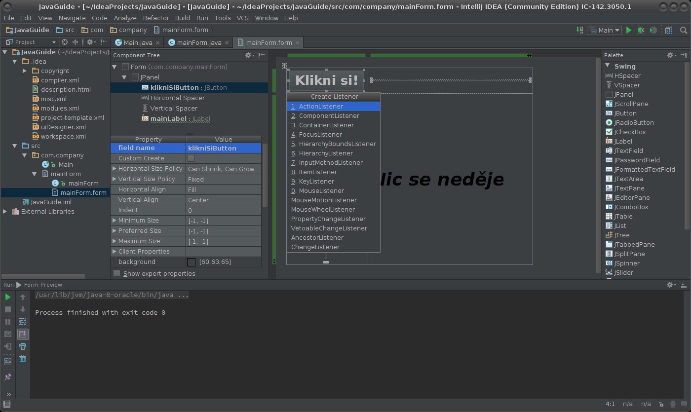Widgety a signály aplikace Java