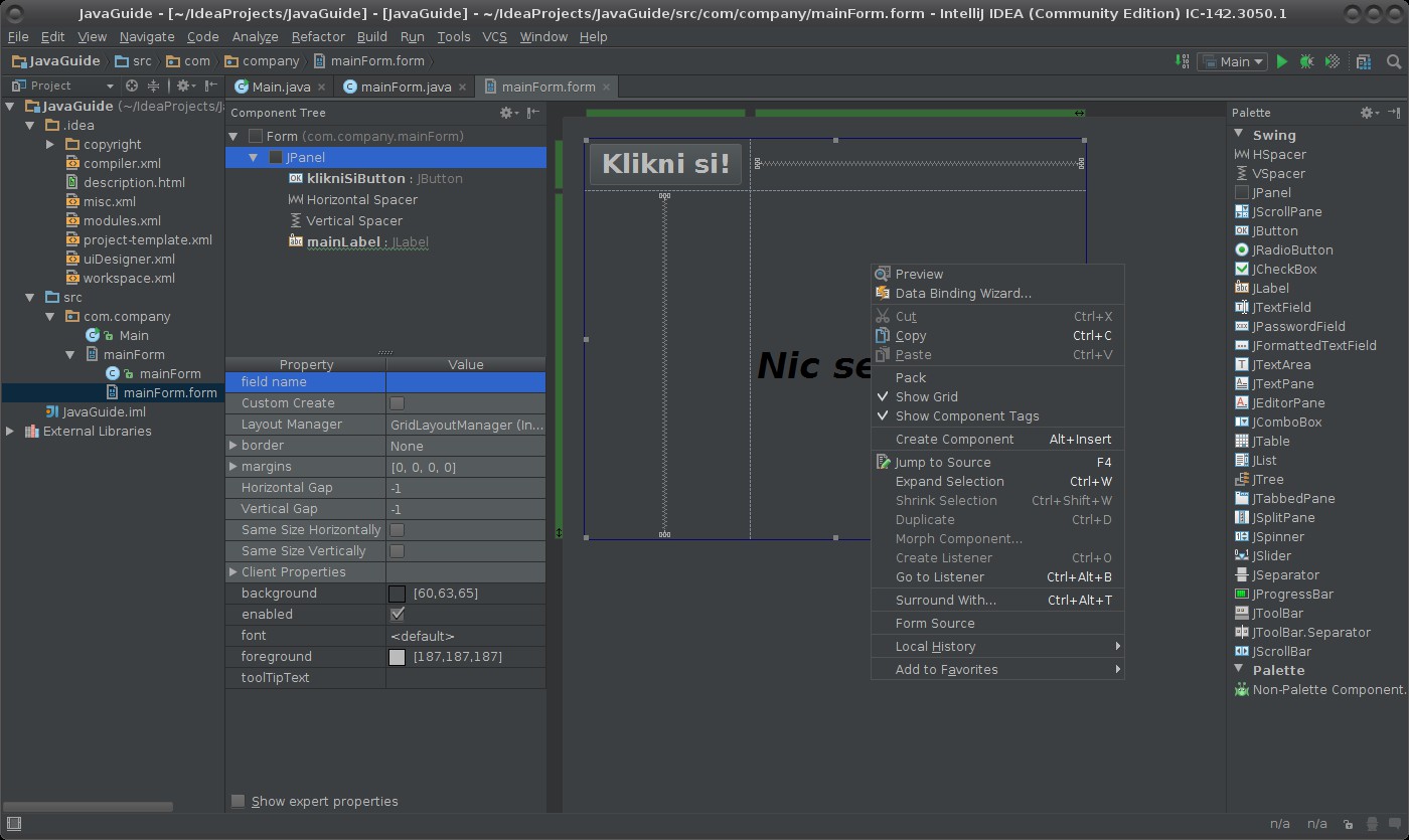 Widgety a signály aplikace Java