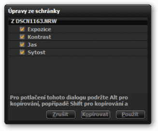 Kopírování nastavení do schránky (nástroj Expozice)