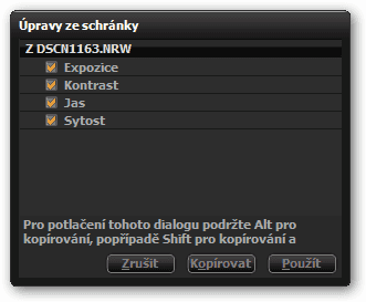 Kopírování nastavení do schránky (nástroj Expozice)