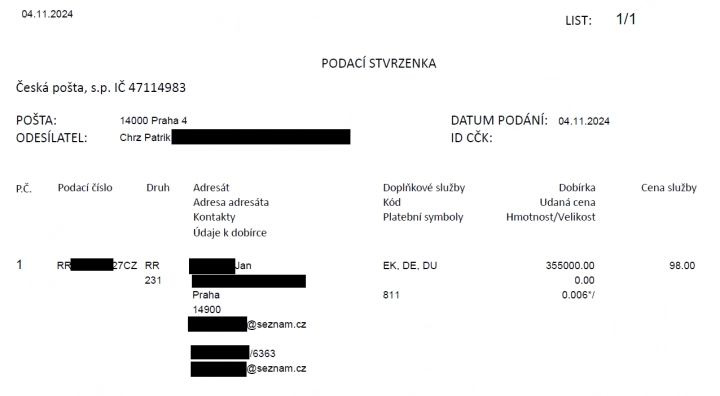 Podací stvrzenka bezdokladové dobírky. (4. 11. 2024)