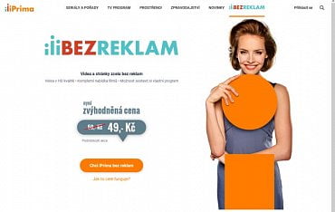 Webová stránka s popisem služby iPrima bez reklam.