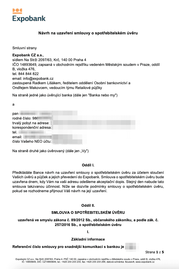 Expobank. Návrh smlouvy pro refinancování.