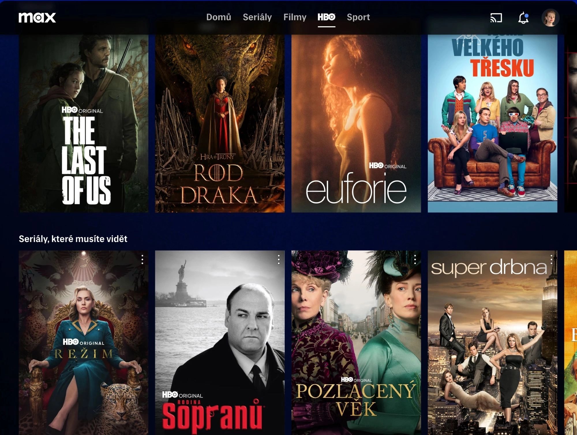 Sekce HBO v aplikaci Max